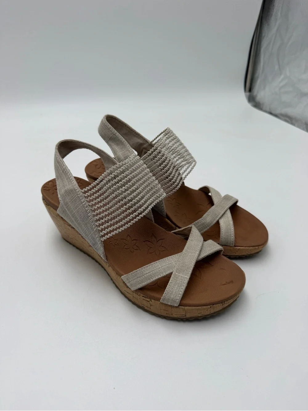Skechers Beverlee High Cork Wedge Sandals Womens Size 6.5 Tan Slingback Casual